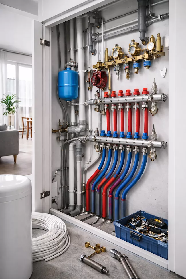 Rörinstallation i lägenhet – modern VVS-lösning med färgkodade PEX-rör, ventiler och tryckmätare i prydlig el- och vattencentral.